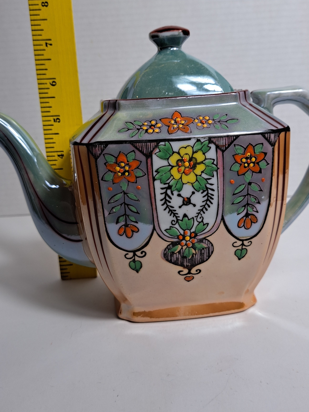 VTG. Japanese Teapot Hexagonal Body with Hand-Painted Floral designs, Lustreware